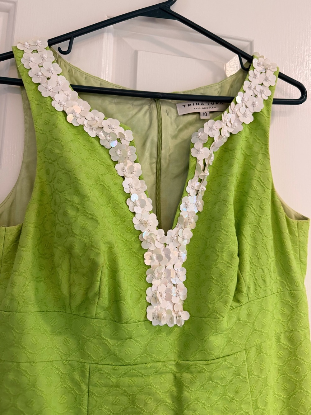 Trina Turk Lime Green Jacquard Floral Sequin Dress with White Floral Sequin Trim